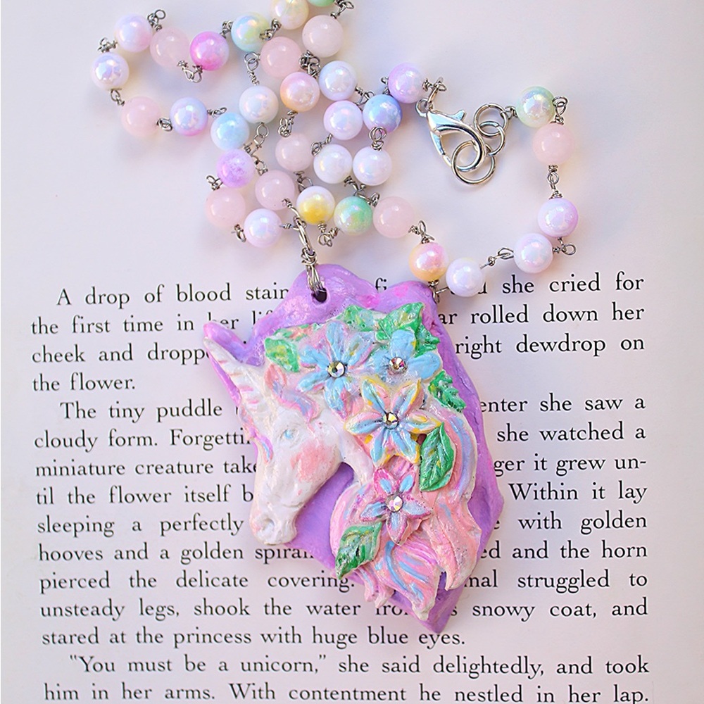 Pastel Unicorn‎ Pendant Necklace coquette fairycore Rose Quartz handmade